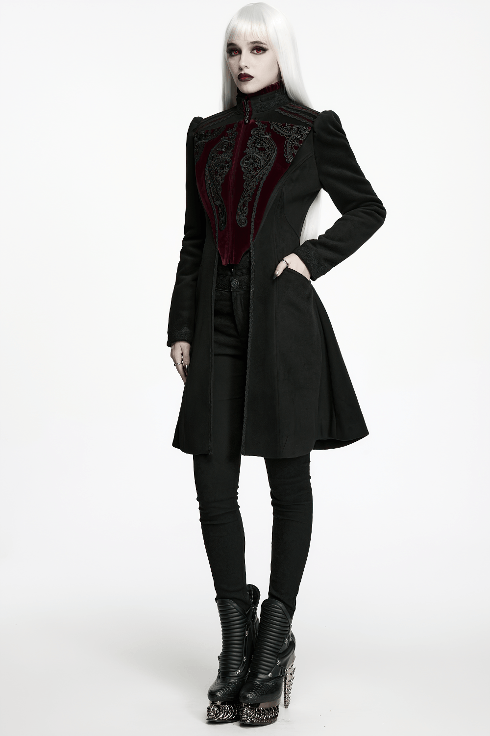 Elegant Gothic Wool Coat with Velvet Applique Detail
