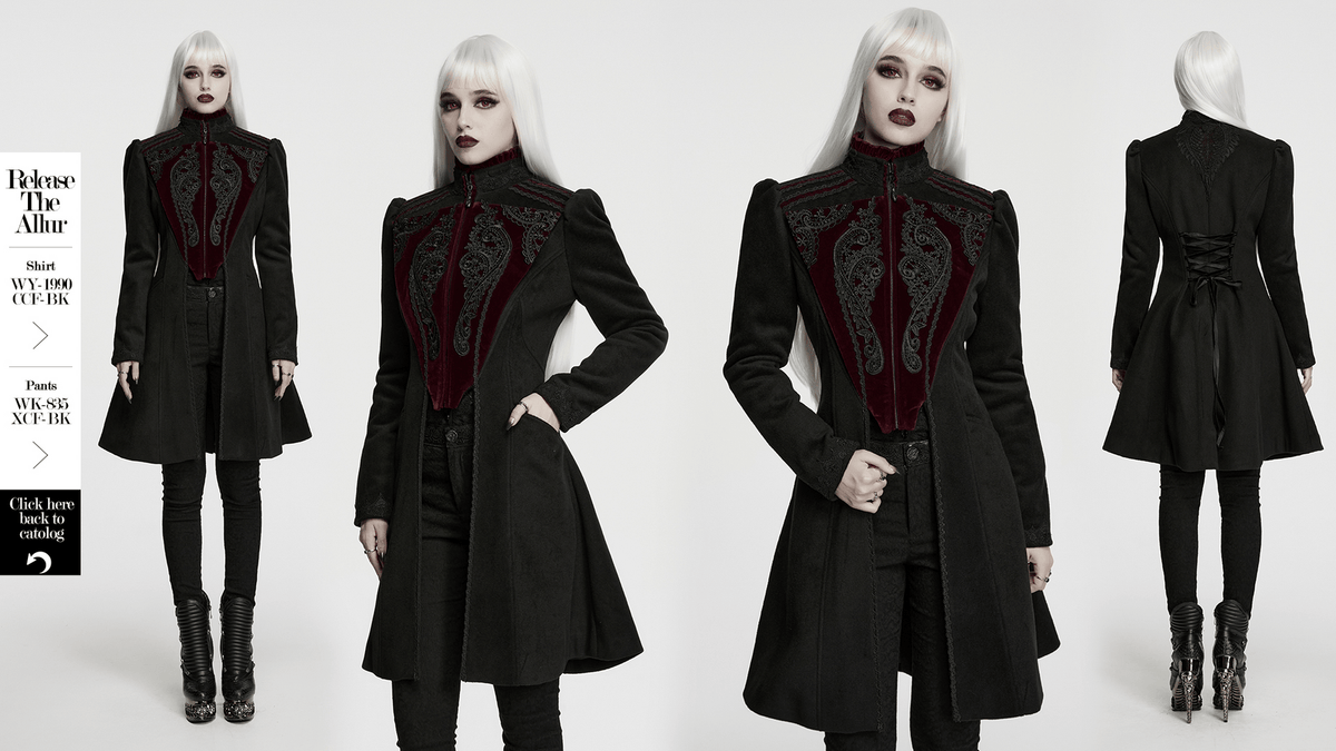 Elegant Gothic Wool Coat with Velvet Applique Detail