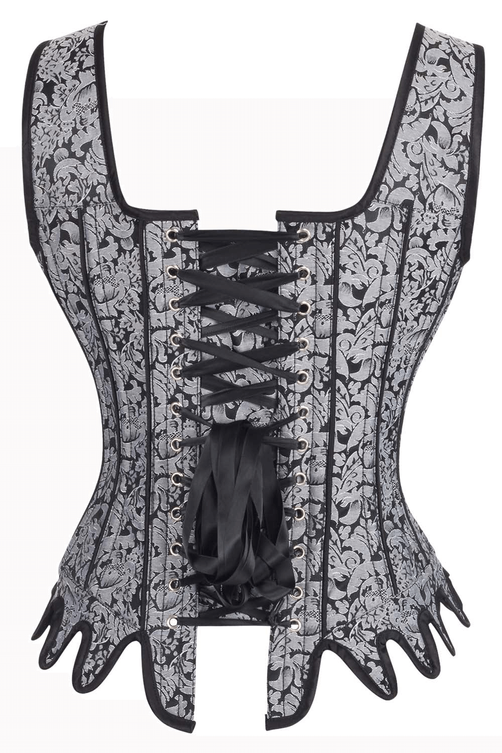 Elegant Gray Brocade Overbust Corset with Steel Boning