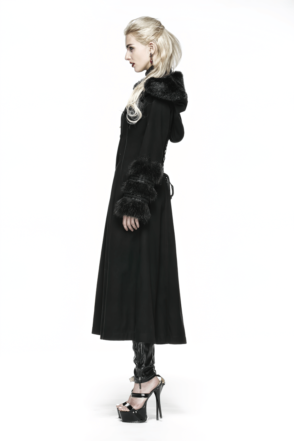 US SALE of Elegant Hooded Coat with Lace-Up Back and Fur Cuffs