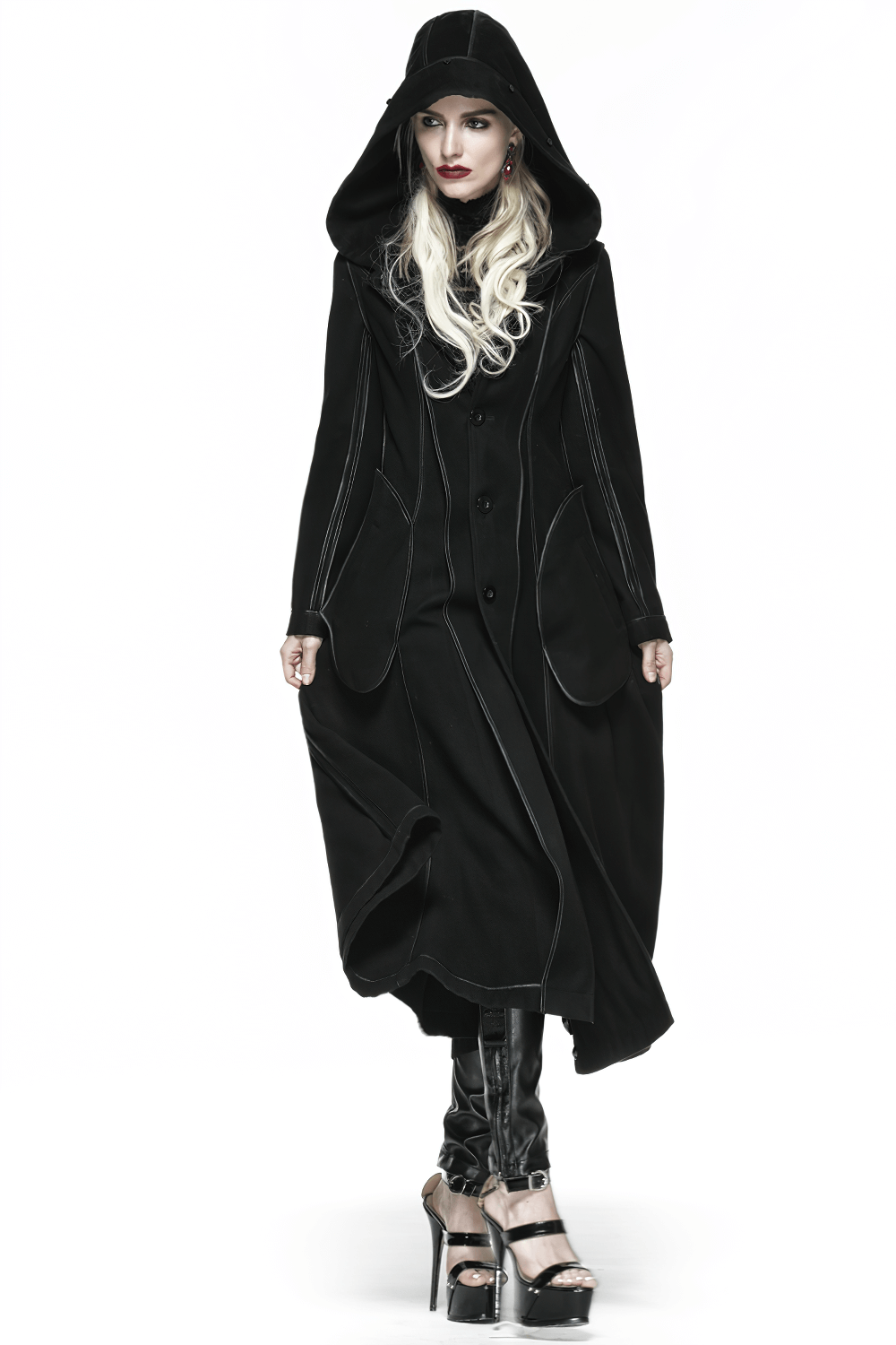 US SALE of Elegant Hooded Coat with Lace-Up Back and Fur Cuffs