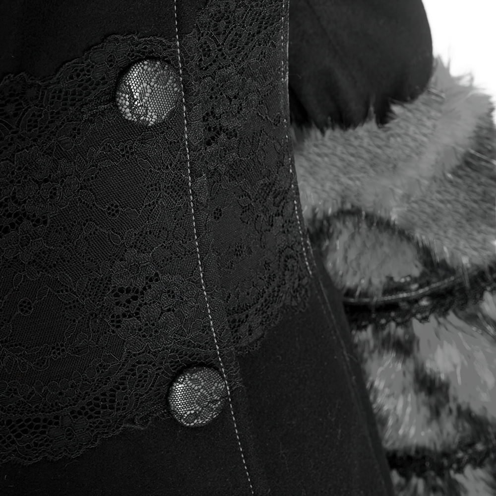 US SALE of Elegant Hooded Coat with Lace-Up Back and Fur Cuffs