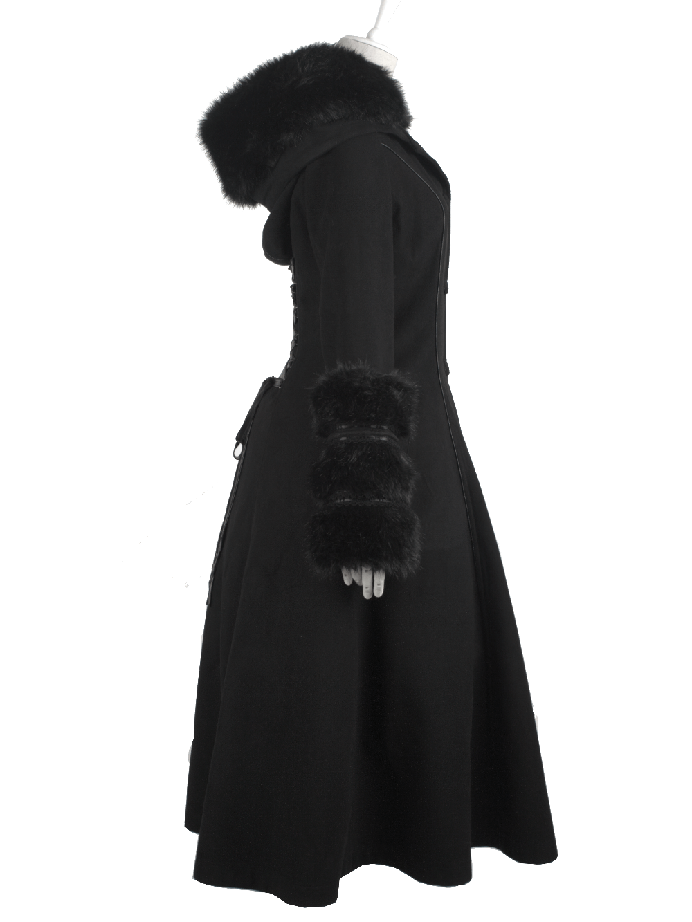 US SALE of Elegant Hooded Coat with Lace-Up Back and Fur Cuffs