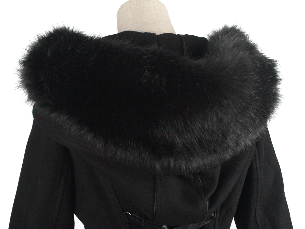 US SALE of Elegant Hooded Coat with Lace-Up Back and Fur Cuffs