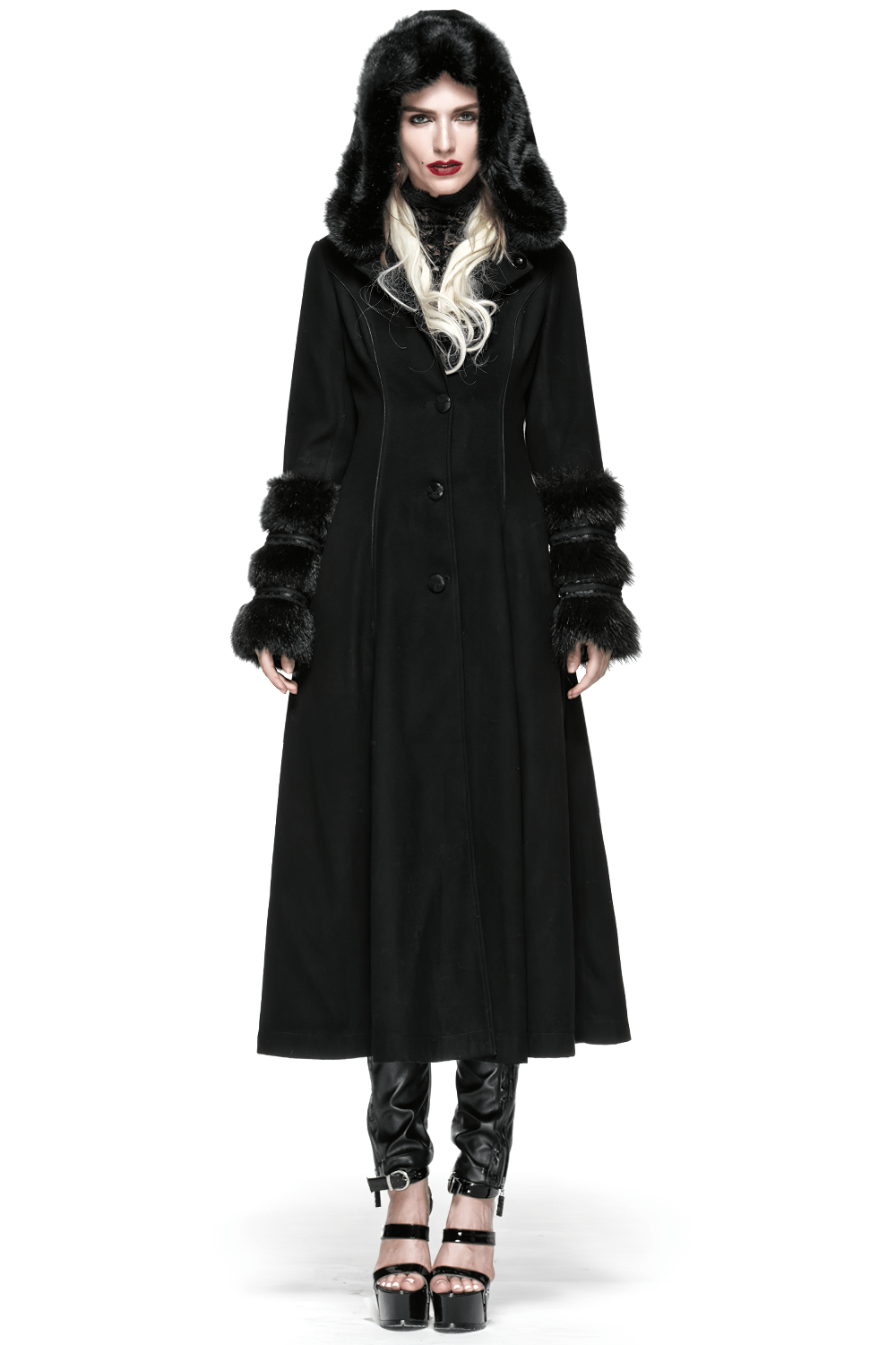 US SALE of Elegant Hooded Coat with Lace-Up Back and Fur Cuffs