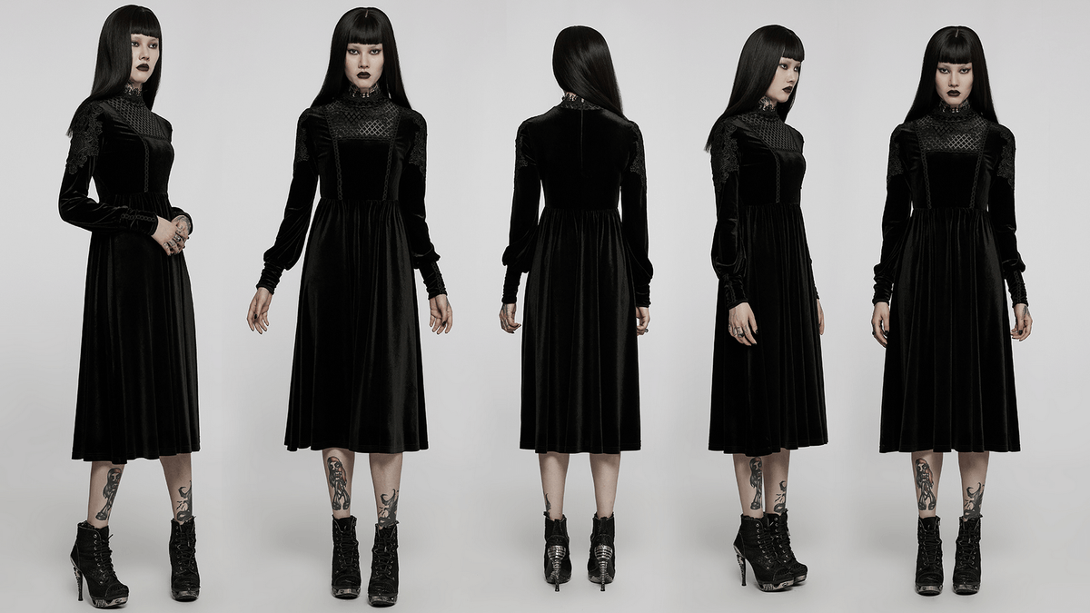 Elegant Lace-Collar Velvet Gothic Dress With Zipper in the Back