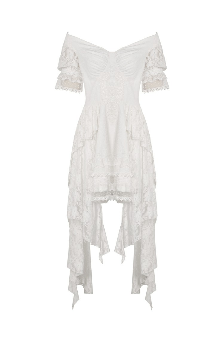 Elegant Lace Off-Shoulder Dress with Asymmetrical Hem