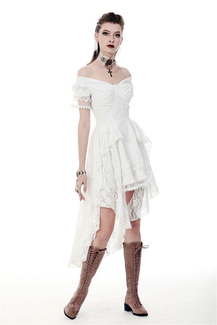 UK SALE of Elegant Lace Off-Shoulder Dress with Asymmetrical Hem