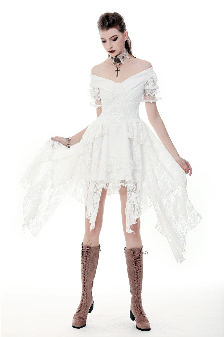 Elegant Lace Off-Shoulder Dress with Asymmetrical Hem