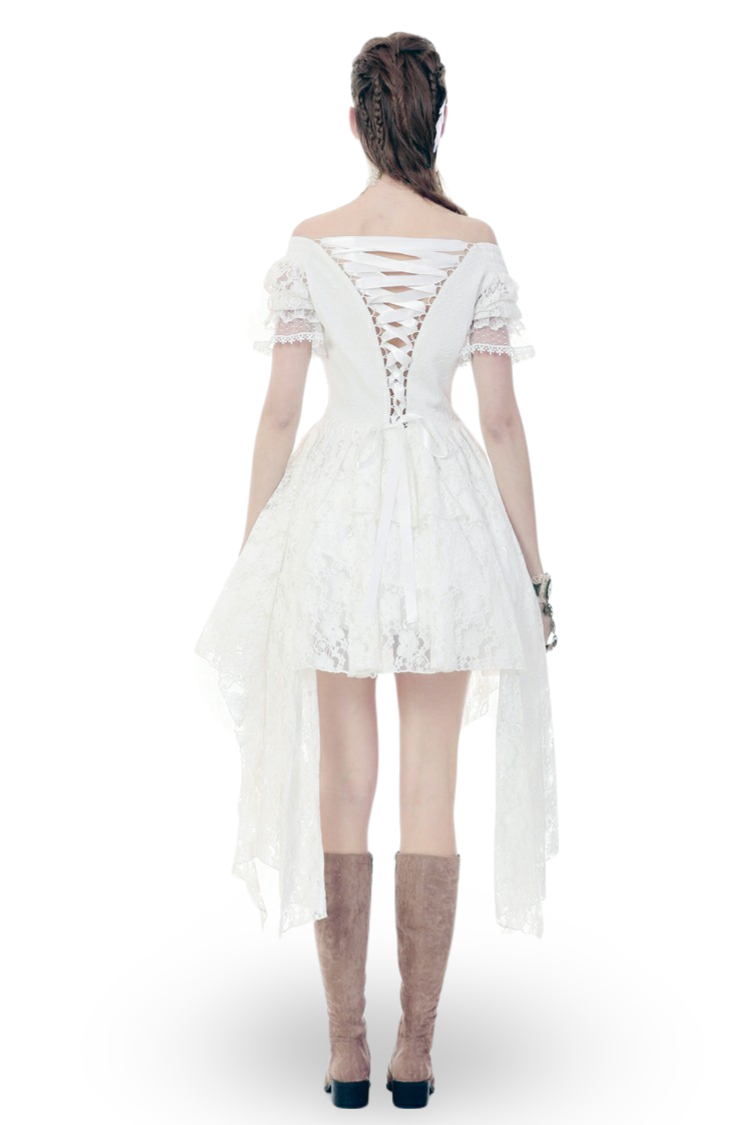UK SALE of Elegant Lace Off-Shoulder Dress with Asymmetrical Hem
