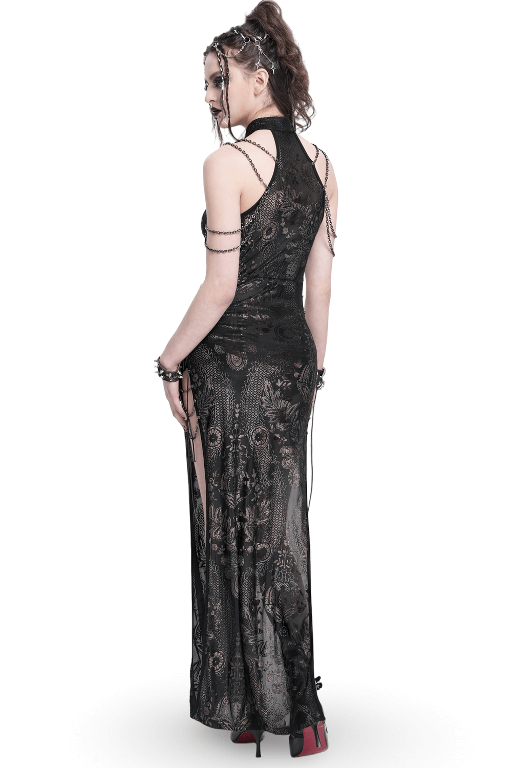 Elegant Long Gothic Lace Dress with Chain Detail
