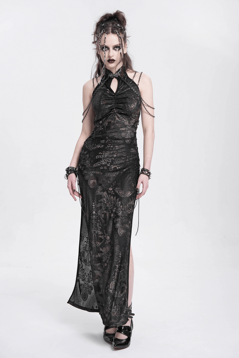 Elegant Long Gothic Lace Dress with Chain Detail