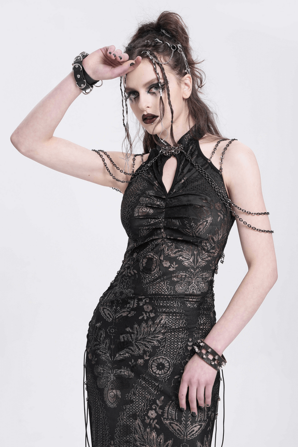 Elegant Long Gothic Lace Dress with Chain Detail