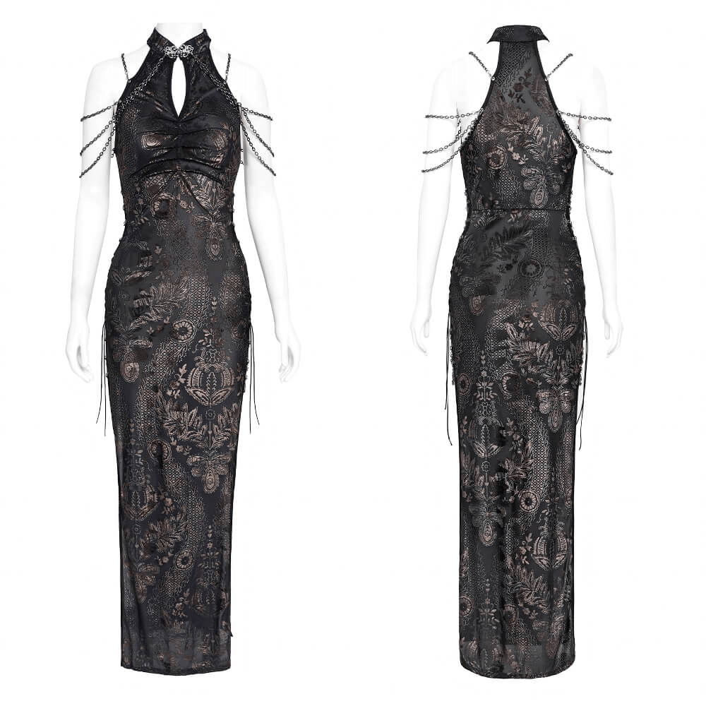 Elegant Long Gothic Lace Dress with Chain Detail