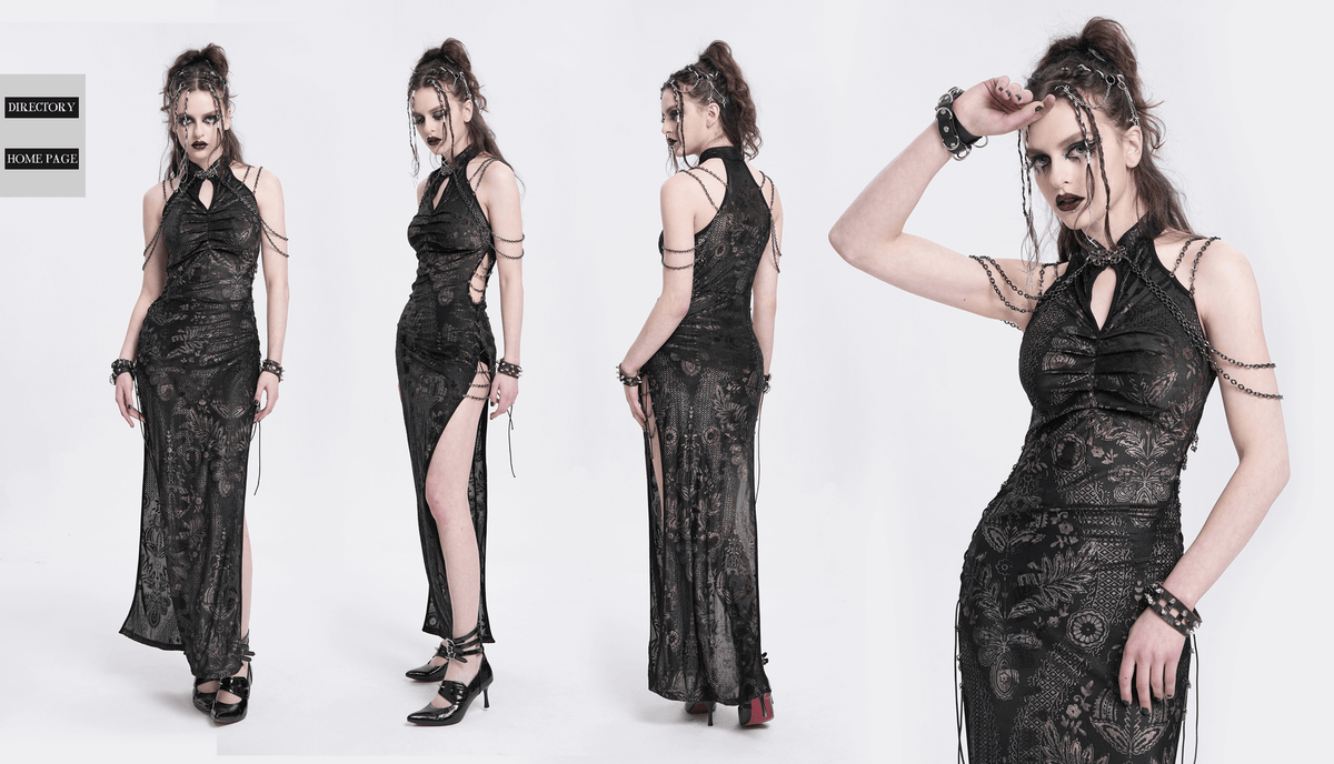 Elegant Long Gothic Lace Dress with Chain Detail
