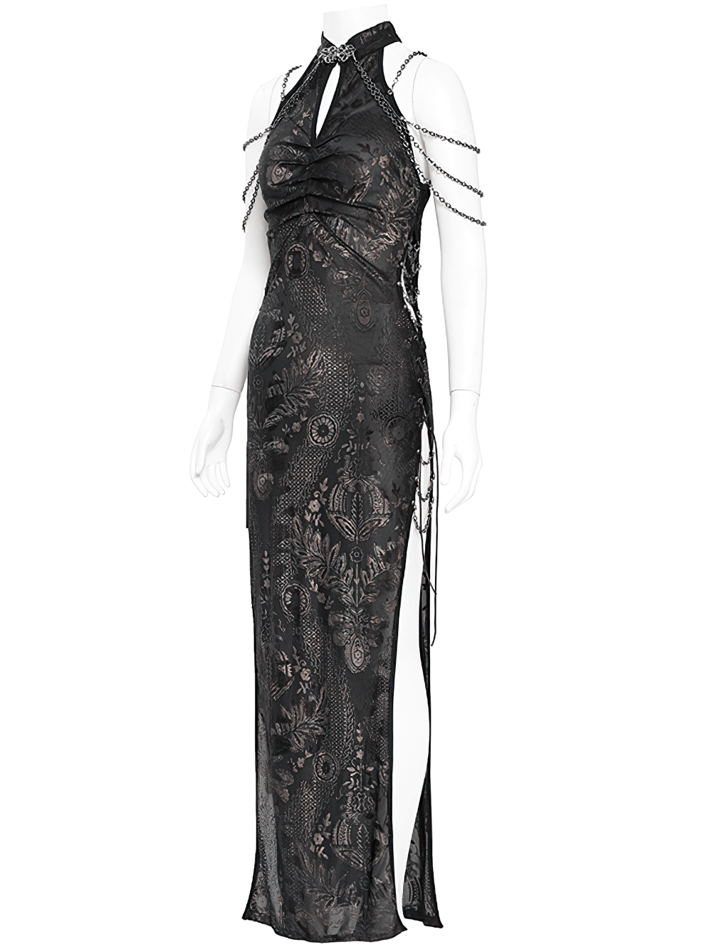 Elegant Long Gothic Lace Dress with Chain Detail