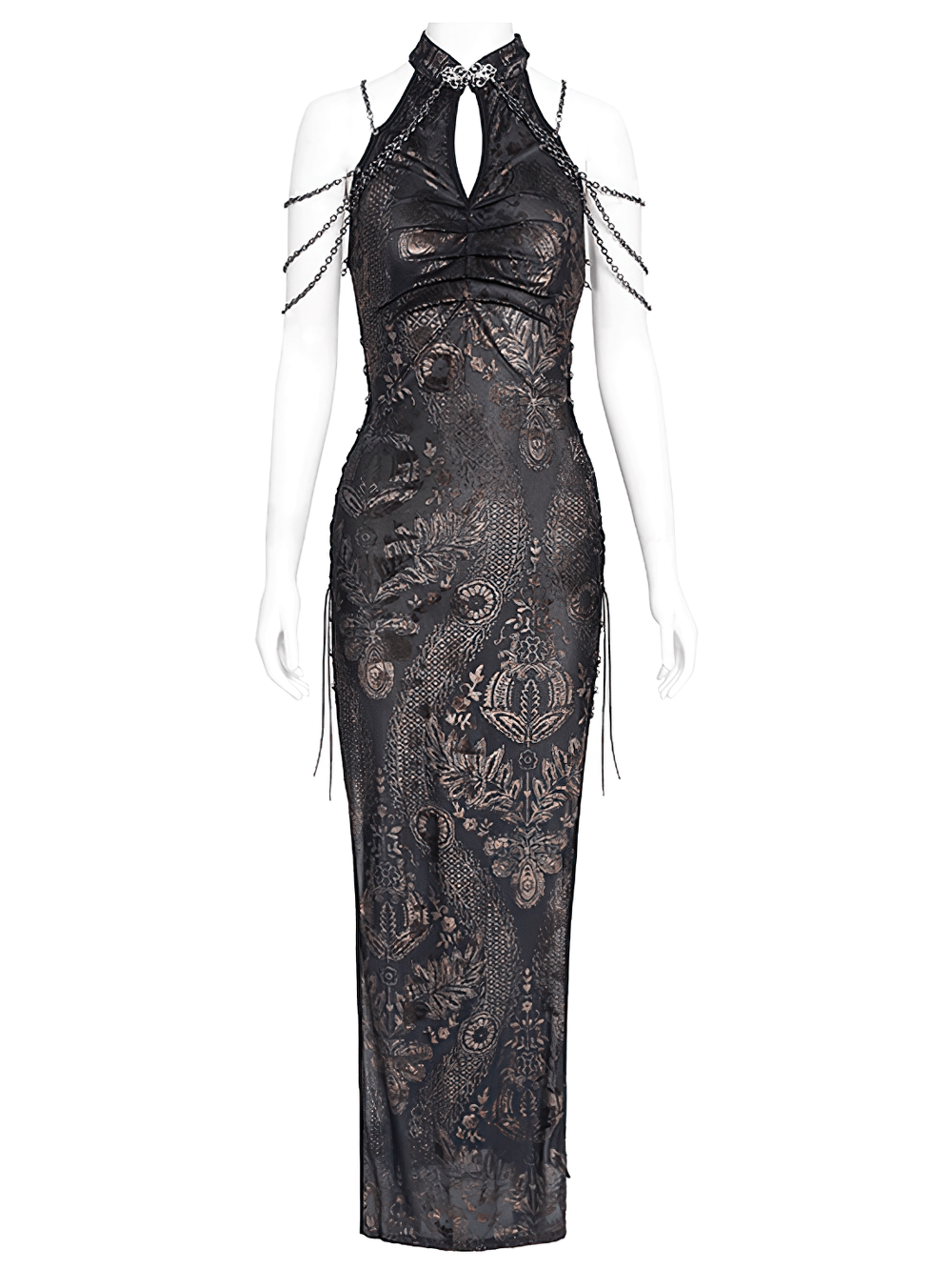 Elegant Long Gothic Lace Dress with Chain Detail