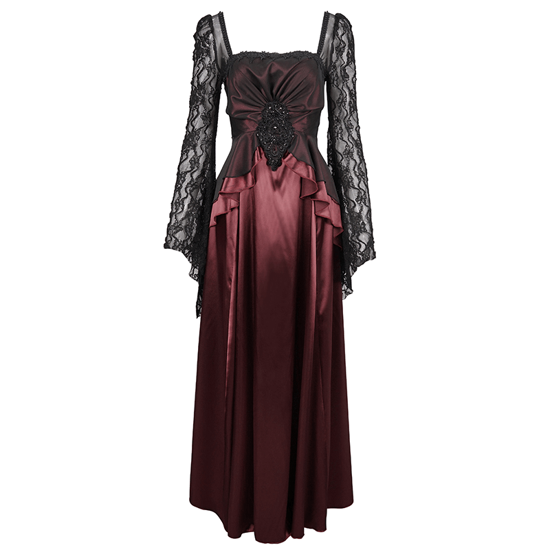 Elegant Long Trumpet Black Lace Sleeves Wine Red Dress / Women's Square Neck and Appliqued Dress