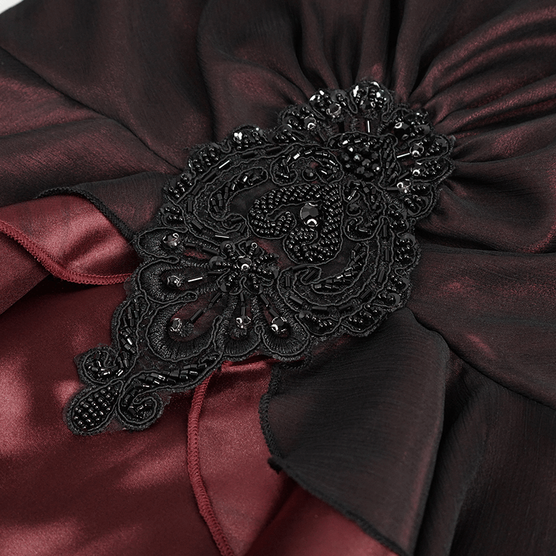Elegant Long Trumpet Black Lace Sleeves Wine Red Dress / Women's Square Neck and Appliqued Dress