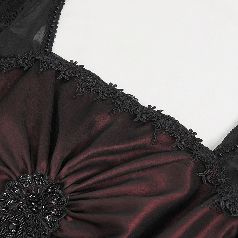 Elegant Long Trumpet Black Lace Sleeves Wine Red Dress / Women's Square Neck and Appliqued Dress