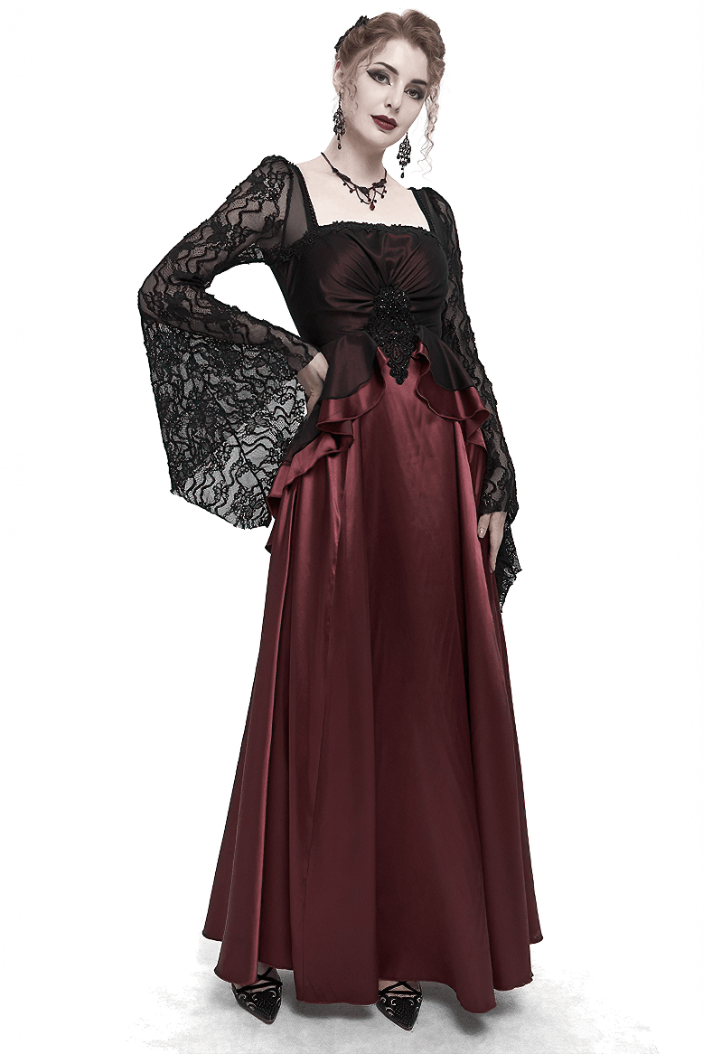 Elegant Long Trumpet Black Lace Sleeves Wine Red Dress / Women's Square Neck and Appliqued Dress