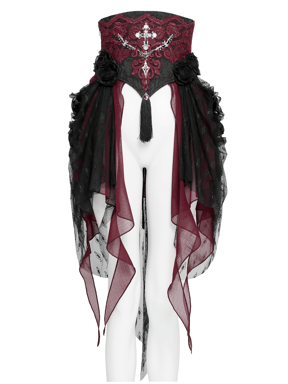 Elegant Red-Black Gothic Lace Corset Belt with Overskirt