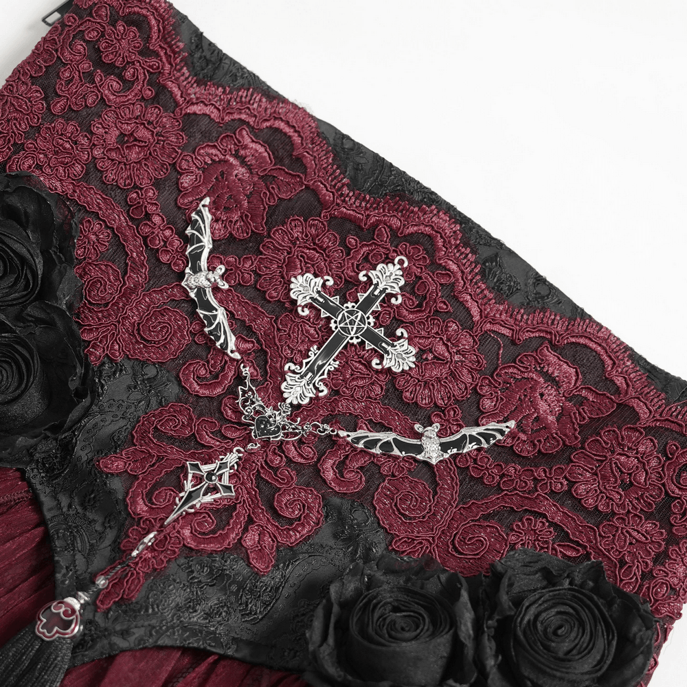 Elegant Red-Black Gothic Lace Corset Belt with Overskirt