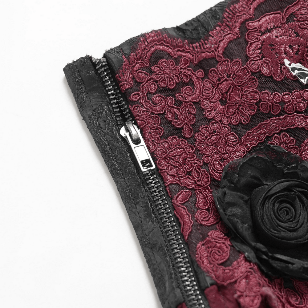 Elegant Red-Black Gothic Lace Corset Belt with Overskirt