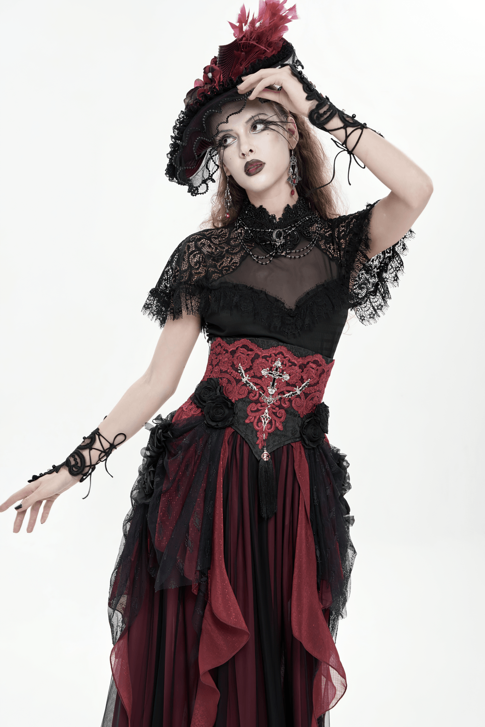 Elegant Red-Black Gothic Lace Corset Belt with Overskirt