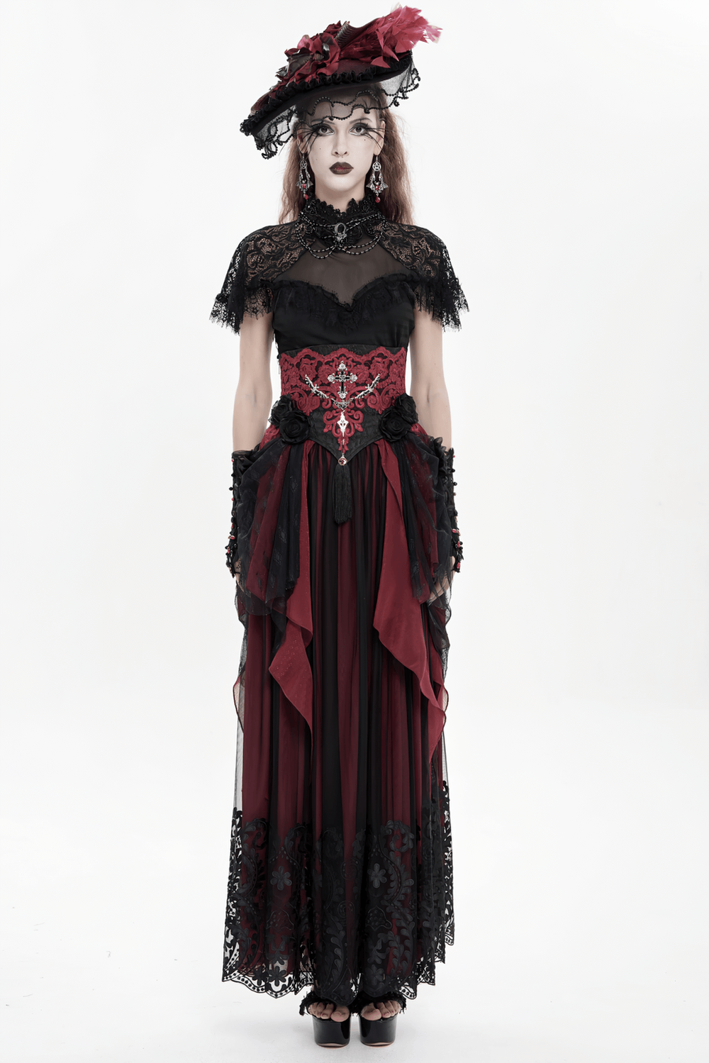 Elegant Red-Black Gothic Lace Corset Belt with Overskirt