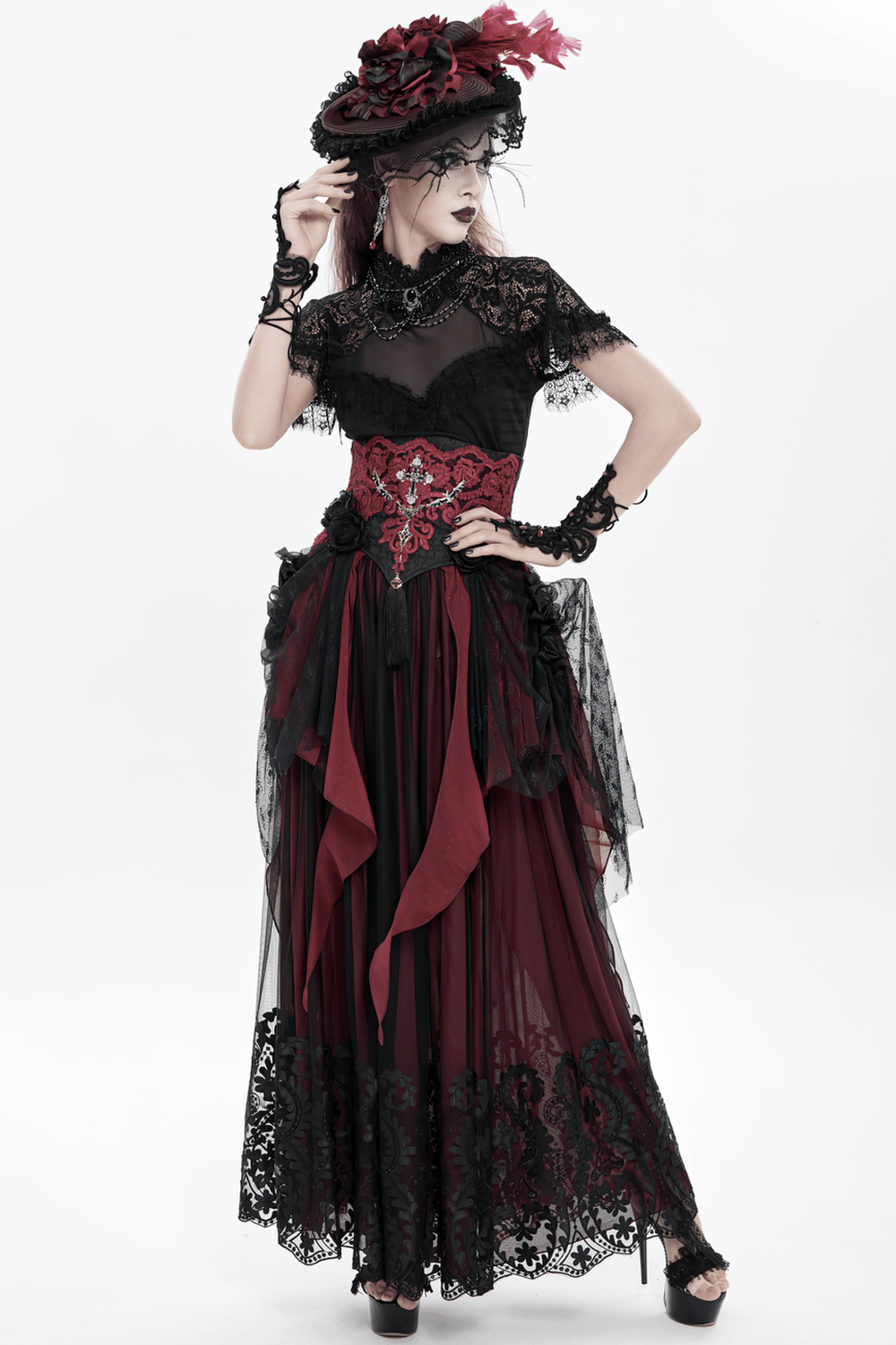 Elegant Red-Black Gothic Lace Corset Belt with Overskirt