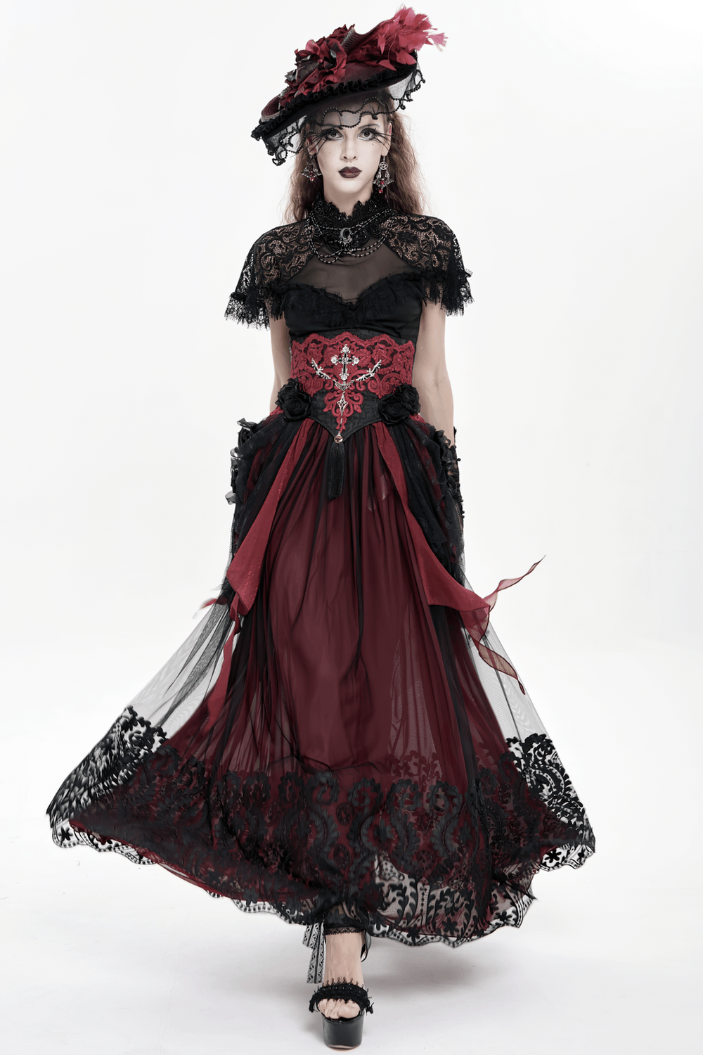 Elegant Red-Black Gothic Lace Corset Belt with Overskirt