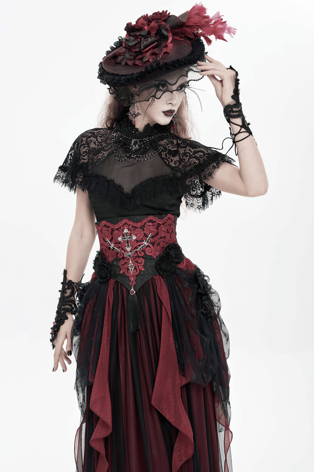 Elegant Red-Black Gothic Lace Corset Belt with Overskirt