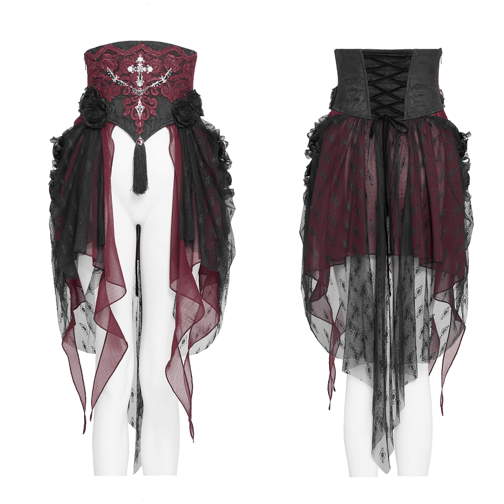 Elegant Red-Black Gothic Lace Corset Belt with Overskirt