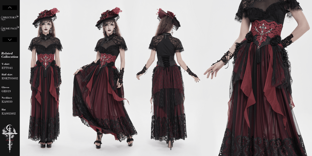 Elegant Red-Black Gothic Lace Corset Belt with Overskirt