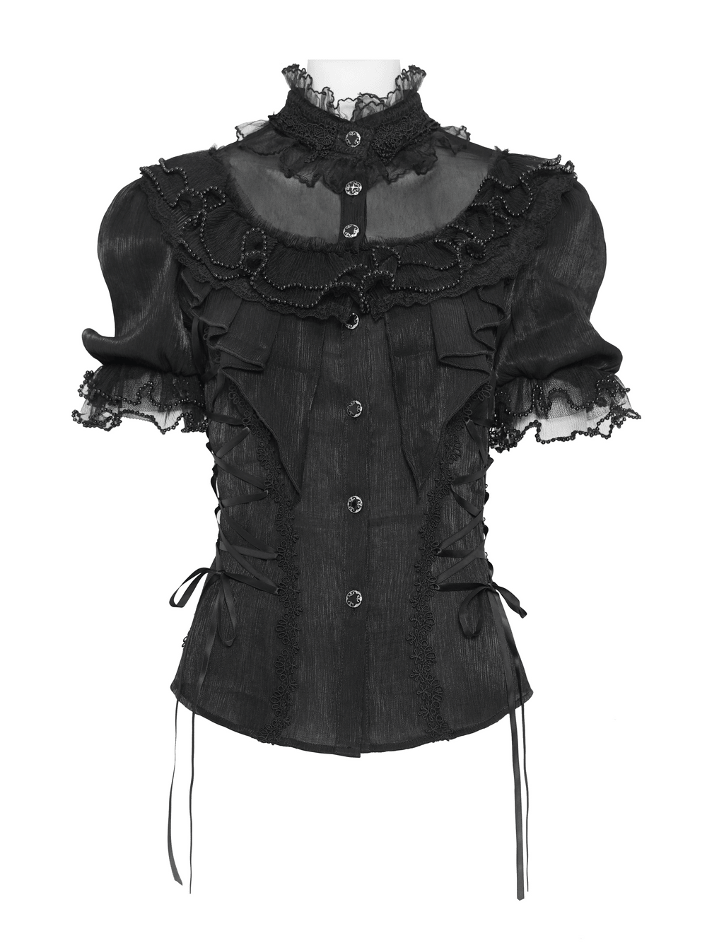 Elegant Ruffle Blouse with Sheer Yoke and Lace-Up Sides