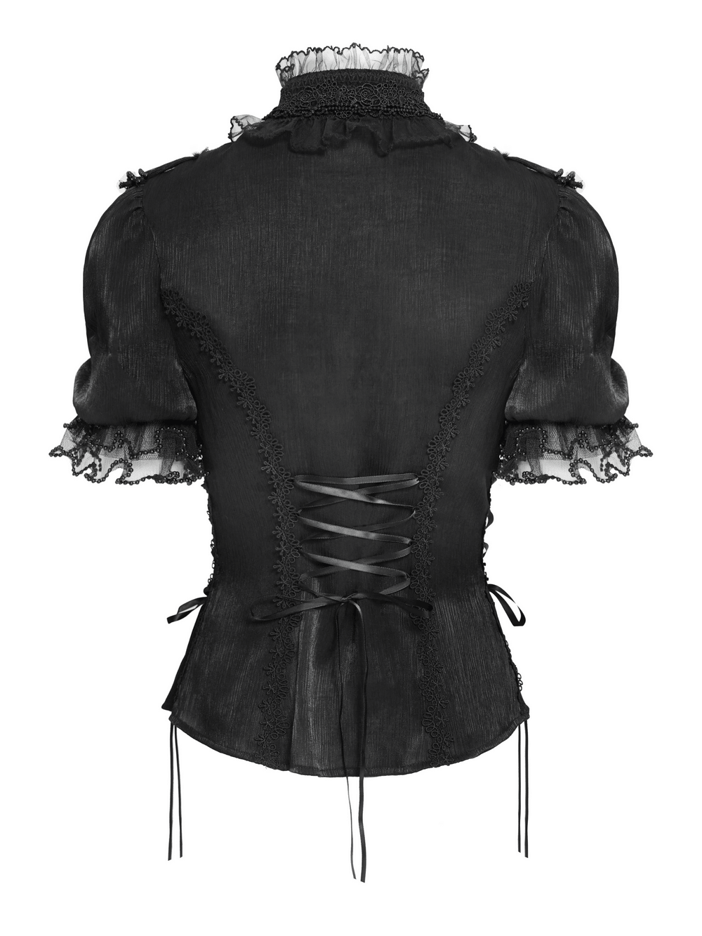 Elegant Ruffle Blouse with Sheer Yoke and Lace-Up Sides