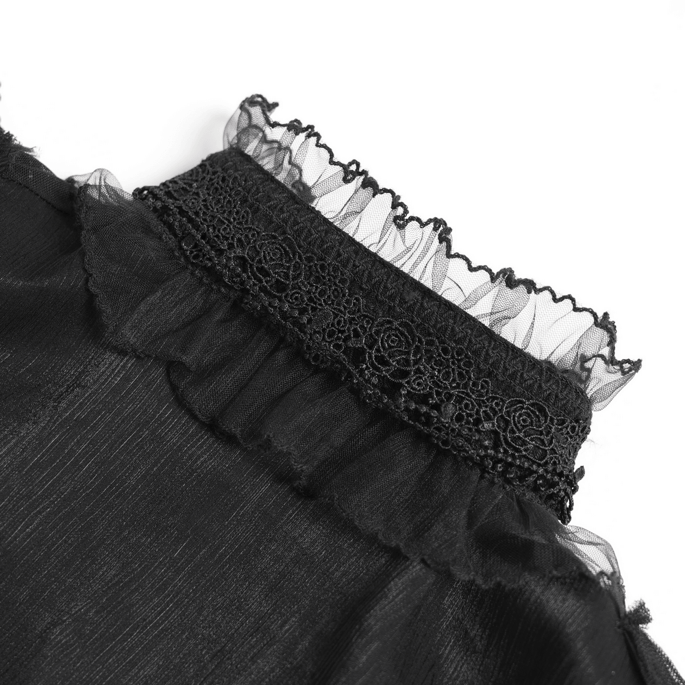 Elegant Ruffle Blouse with Sheer Yoke and Lace-Up Sides