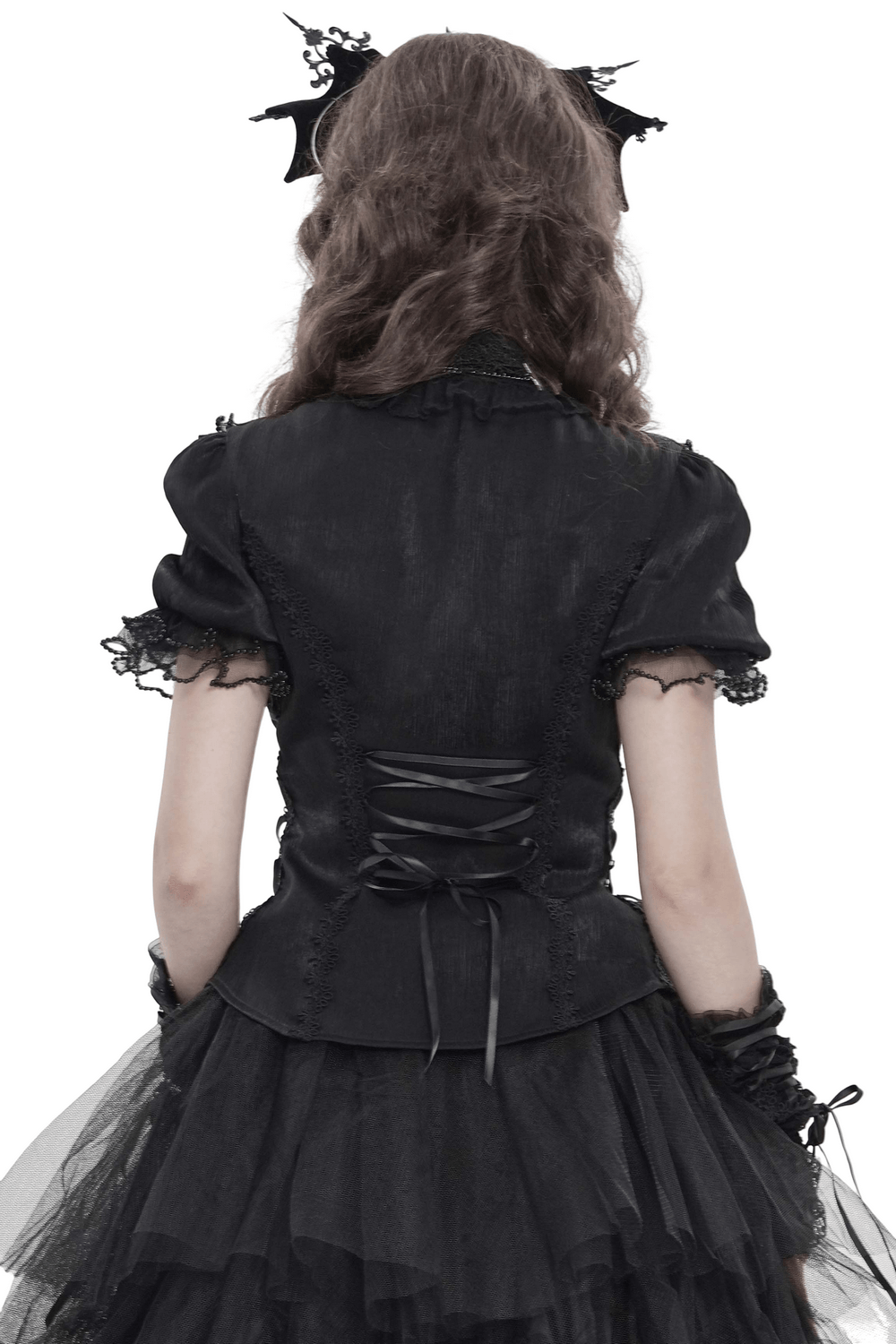 Elegant Ruffle Blouse with Sheer Yoke and Lace-Up Sides