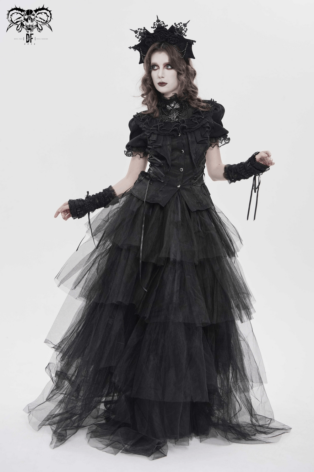 Elegant Ruffle Blouse with Sheer Yoke and Lace-Up Sides