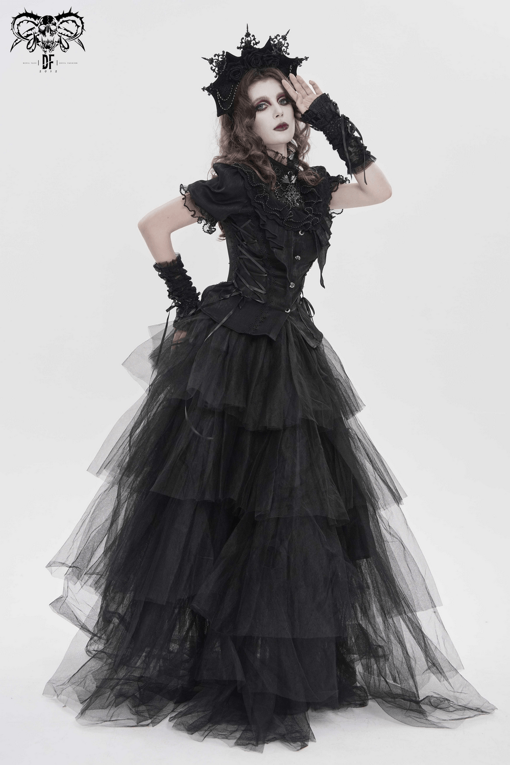 Elegant Ruffle Blouse with Sheer Yoke and Lace-Up Sides