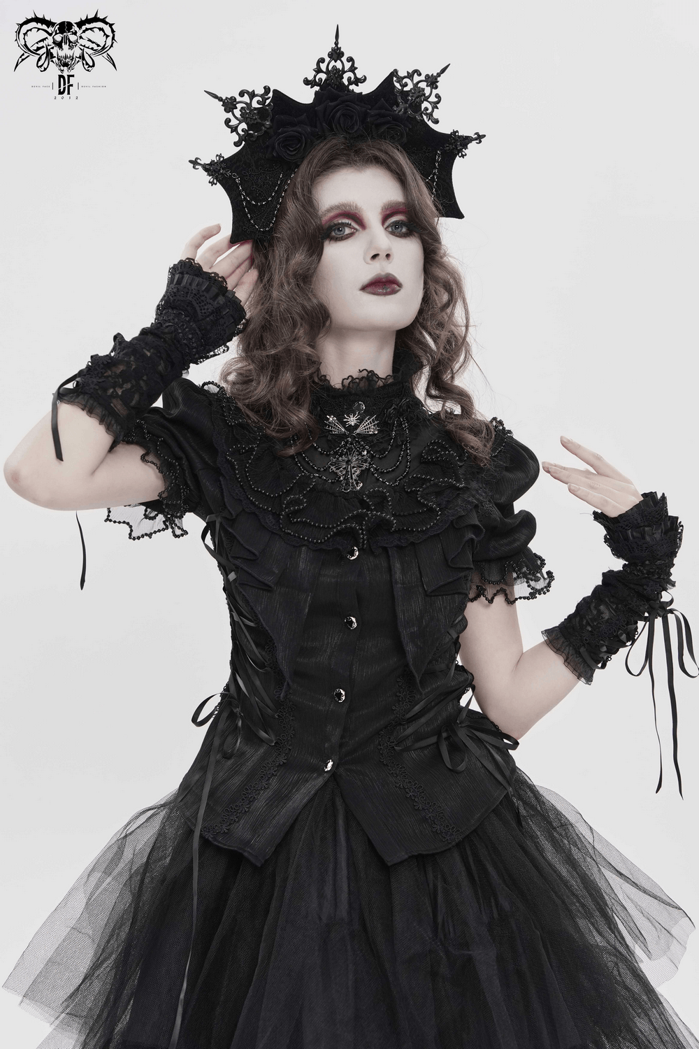 Elegant Ruffle Blouse with Sheer Yoke and Lace-Up Sides