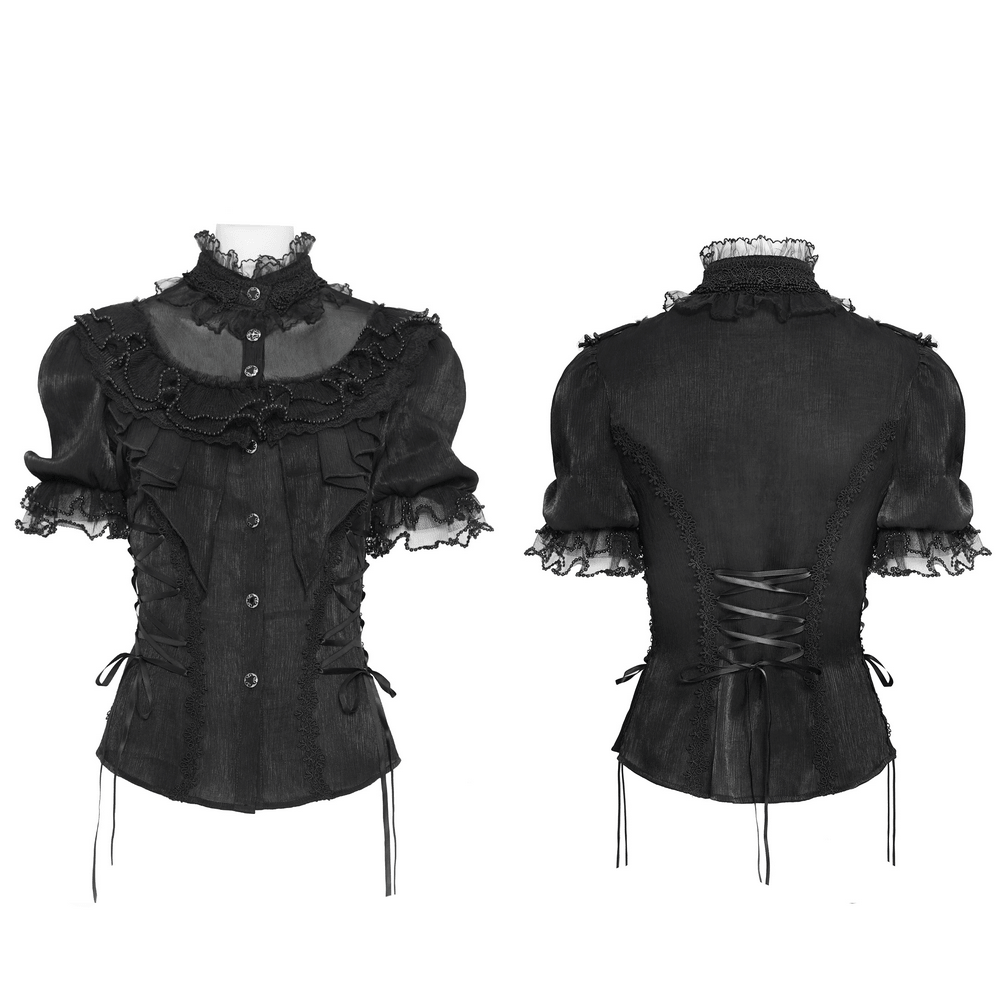 Elegant Ruffle Blouse with Sheer Yoke and Lace-Up Sides