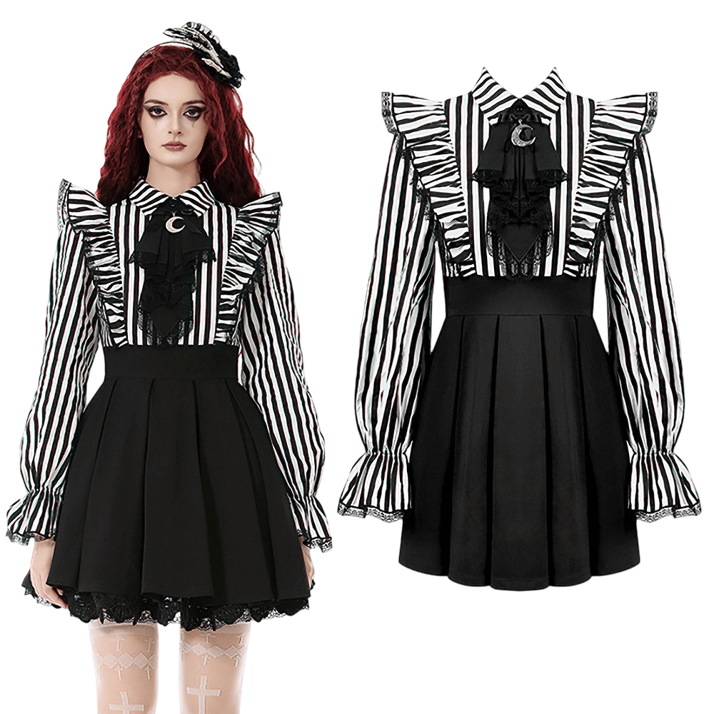 Elegant Striped Dress with Ruffle Sleeves and Moon Detail