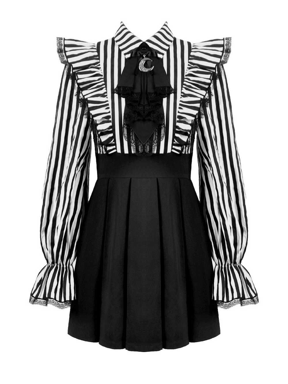 Elegant Striped Dress with Ruffle Sleeves and Moon Detail