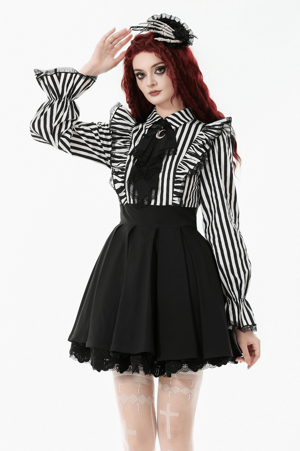Elegant Striped Dress with Ruffle Sleeves and Moon Detail