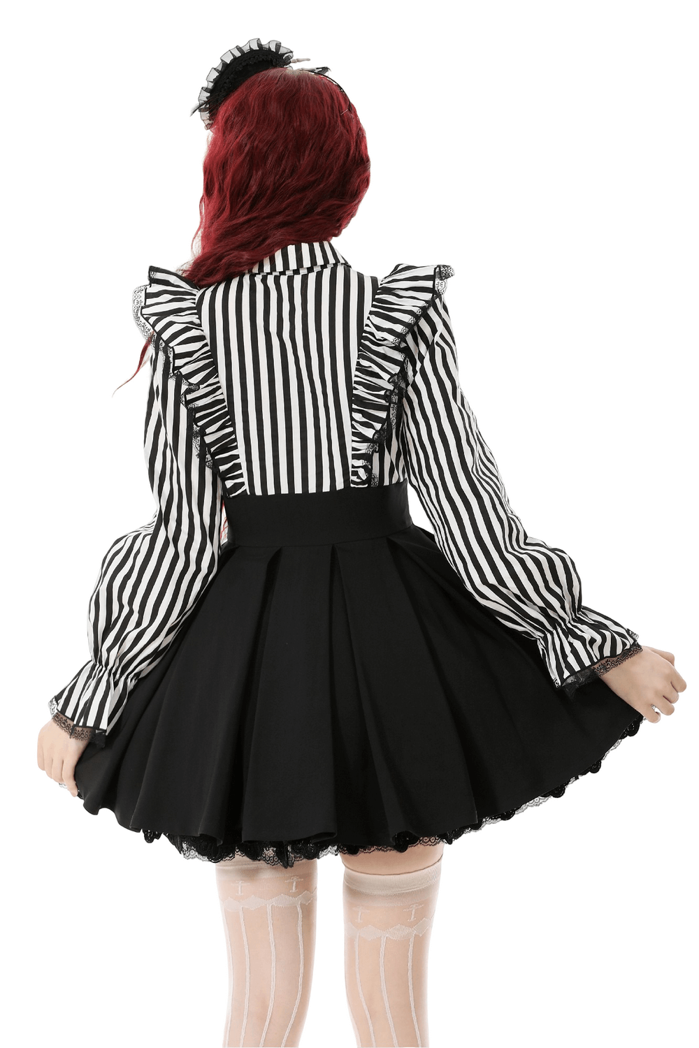 Elegant Striped Dress with Ruffle Sleeves and Moon Detail