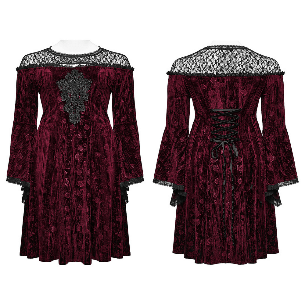 Elegant Velvet Rose Mesh Dress with Trumpet Sleeves