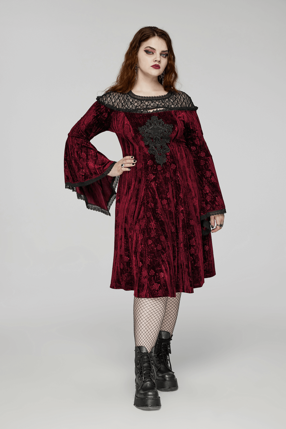 Elegant Velvet Rose Mesh Dress with Trumpet Sleeves