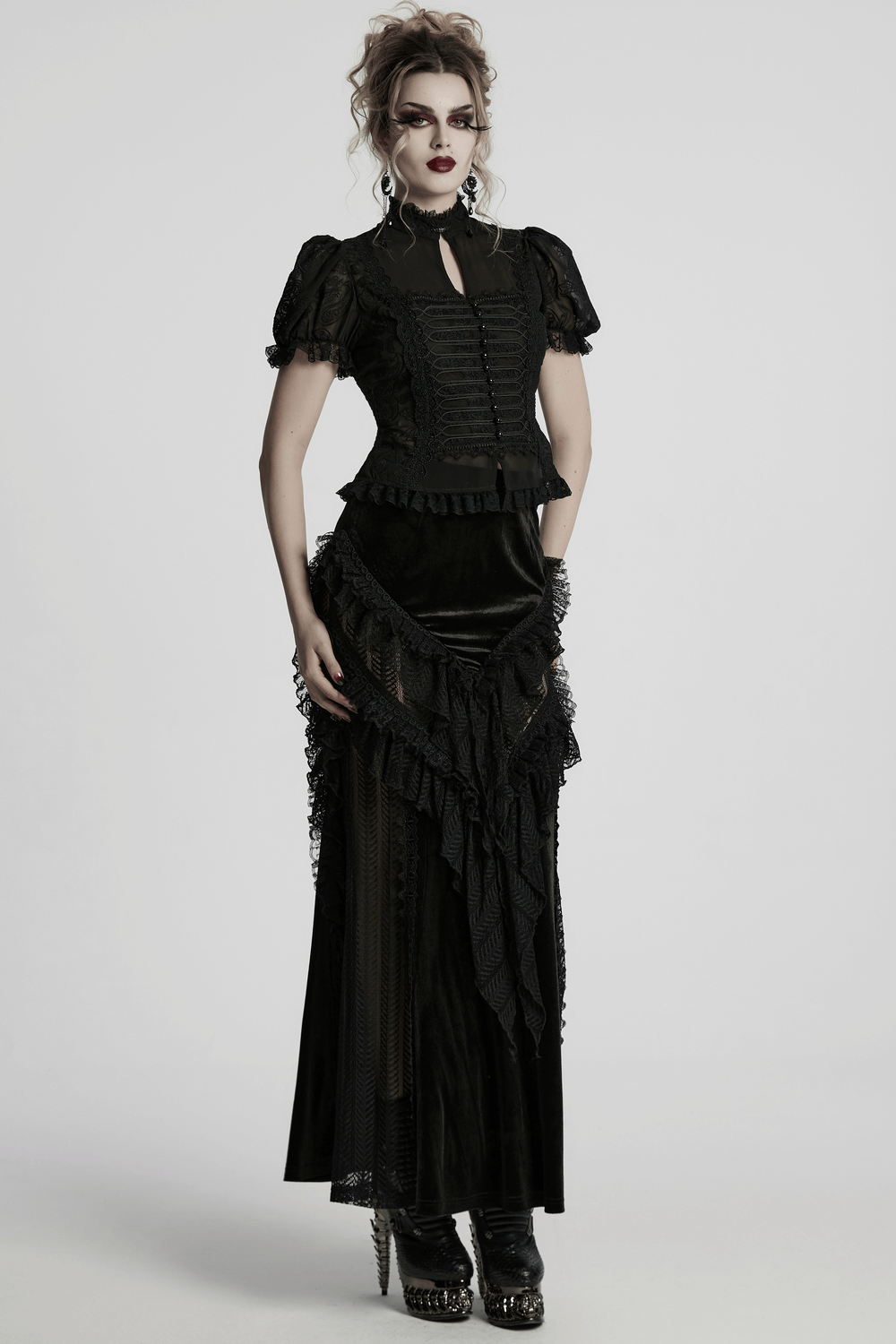 Elegant Victorian Black Lace Chiffon Corset Blouse